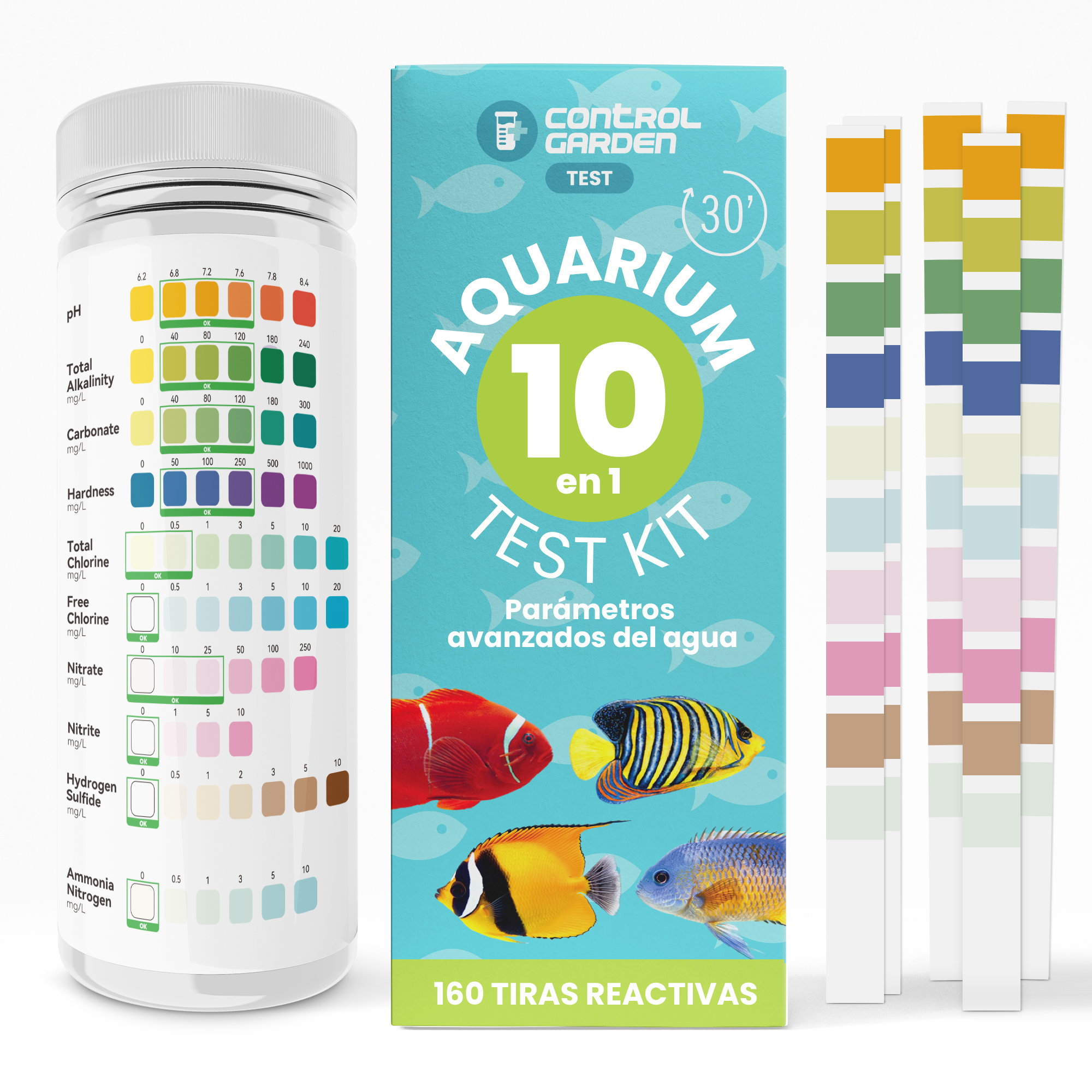 160 Tiras Reactivas Test Acuario 10 en 1 | Test para Pecera, Estanque de Peces de Agua Dulce y Marina | Kit Control Completo de pH, Cloro, Nitritos, Nitratos, Amonio, GH, KH y Más
