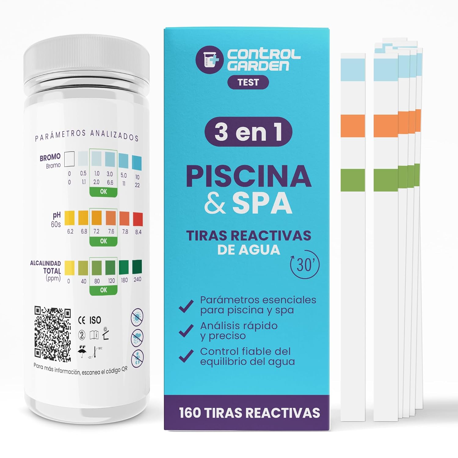 160 Tiras pH Reactivas de Prueba 3 en 1 | Test Piscina y Spa | Medidor pH, Broma y Alcalinidad Total Agua Baño | Análisis Rápido en 30 Segundos | Control Preciso