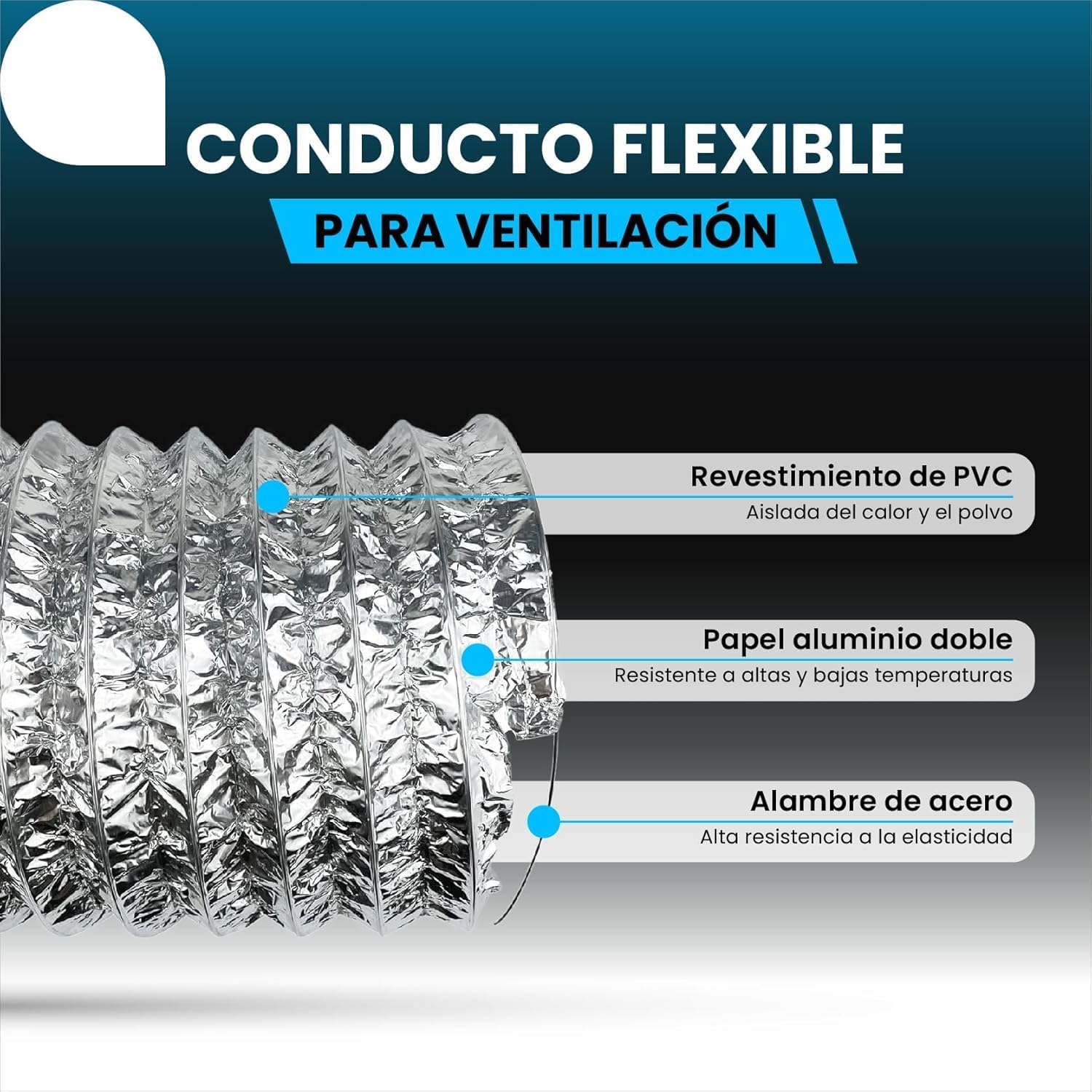 Conducto de aire flexible de aluminio plateado de 10 m y 315 mm de diámetro con abrazaderas · foto 2