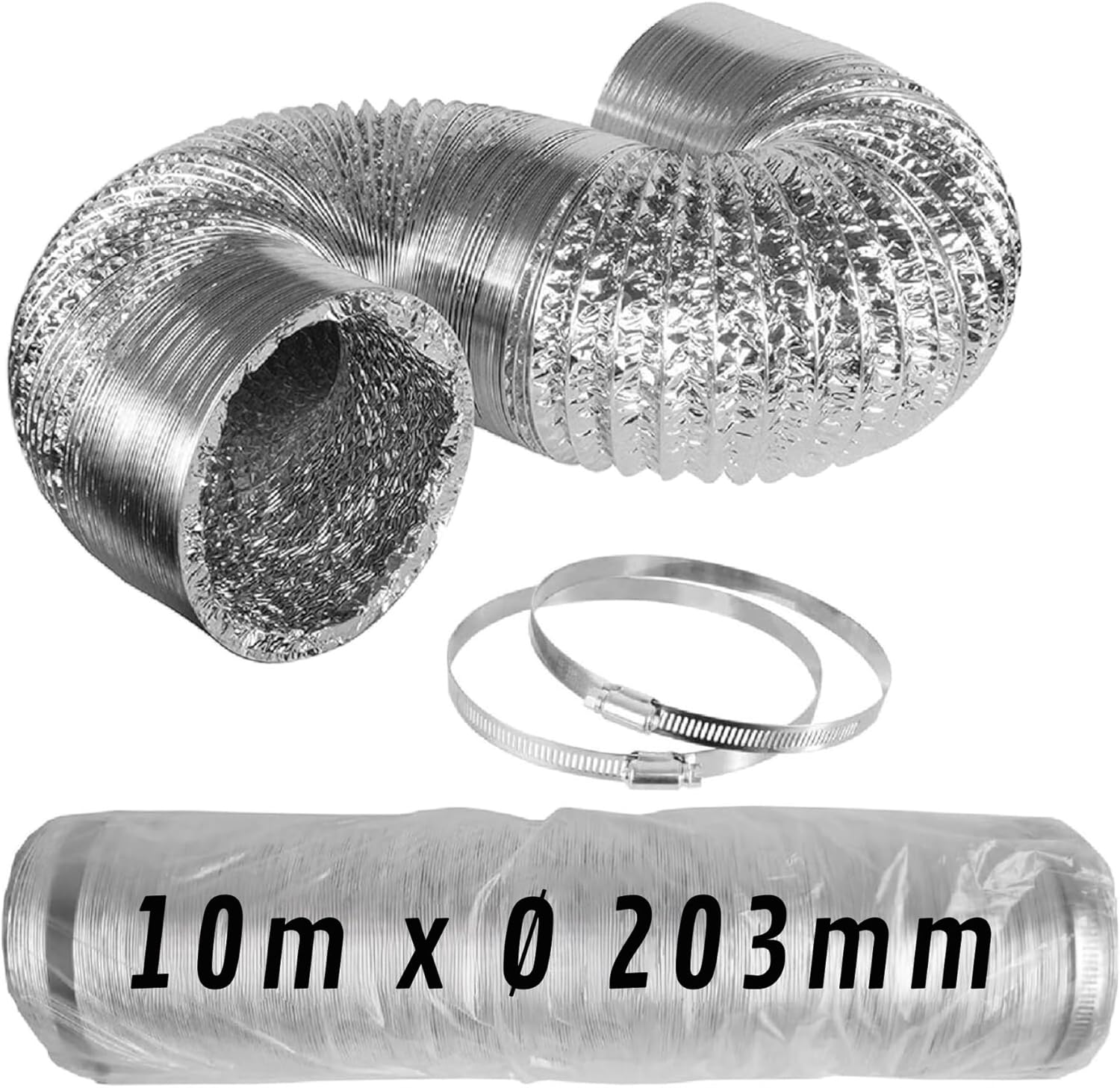 Tubo Flexible de Aluminio Plateado Ø 203 mm 10 m con Abrazaderas – Conducto de Aire para Ventilación y Extractores