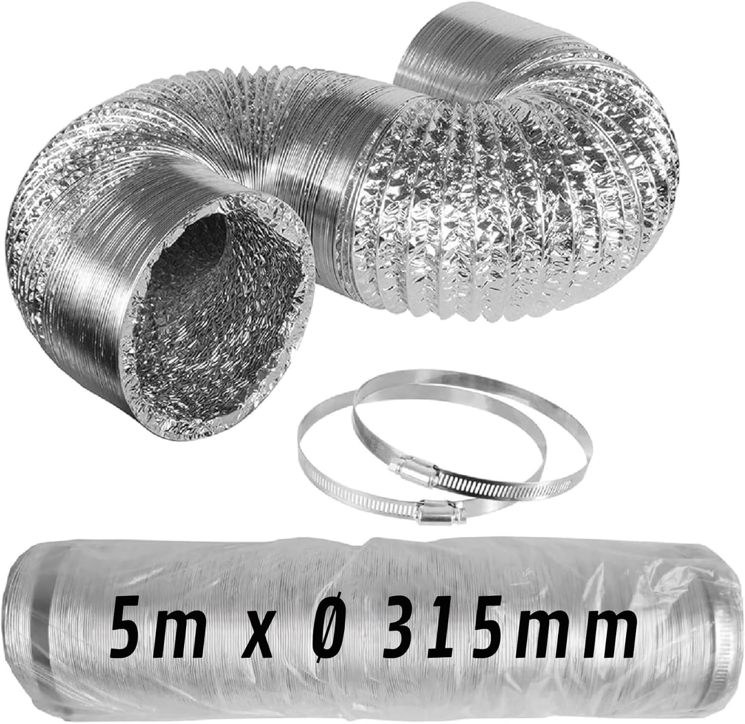 Tubo Flexible de Aluminio Plateado Ø 315 mm 5 m con Abrazaderas – Conducto de Aire para Ventilación y Extractores