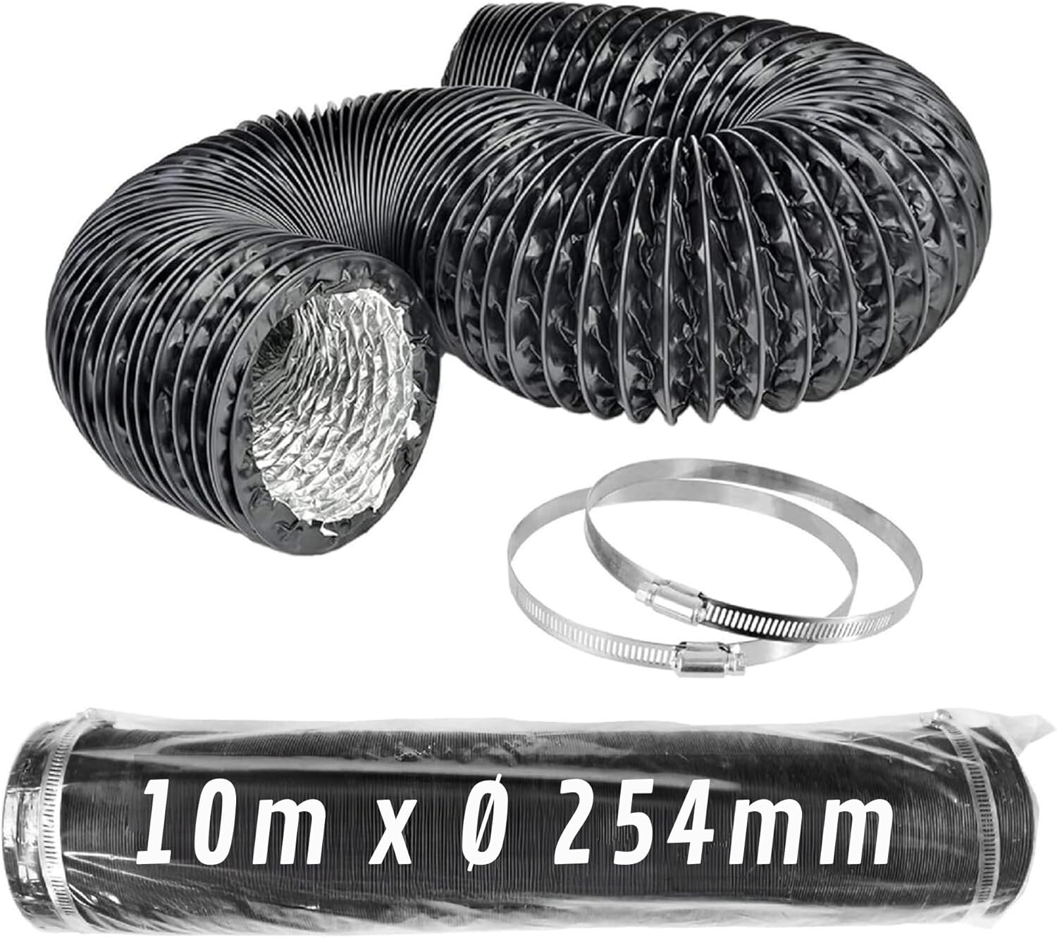Tubo Flexible de Aluminio Negro Ø 254 mm 10 m con Abrazaderas – Conducto de Aire para Ventilación y Extractores