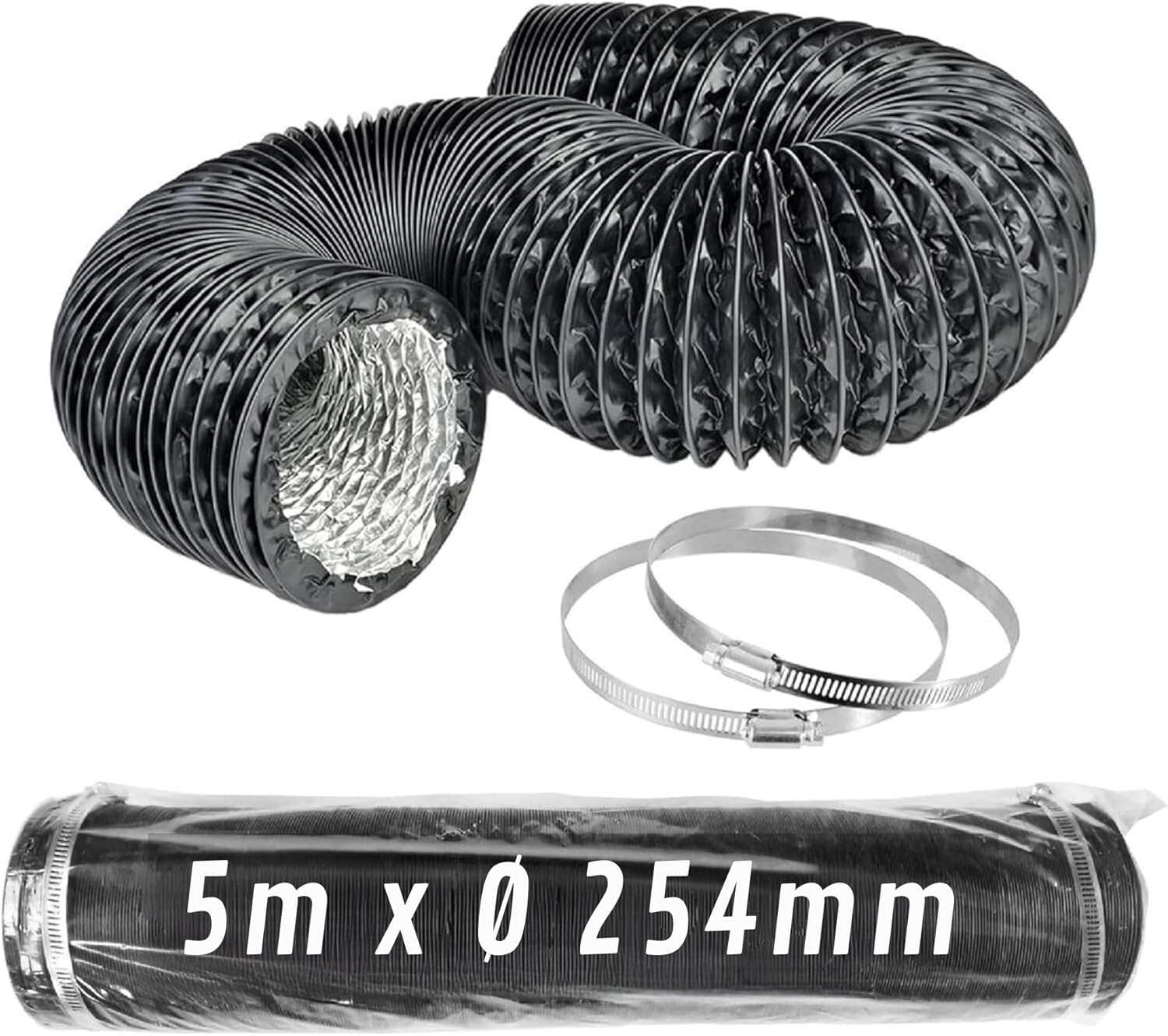 Tubo Flexible de Aluminio Negro Ø 254 mm 5 m con Abrazaderas – Conducto de Aire para Ventilación y Extractores