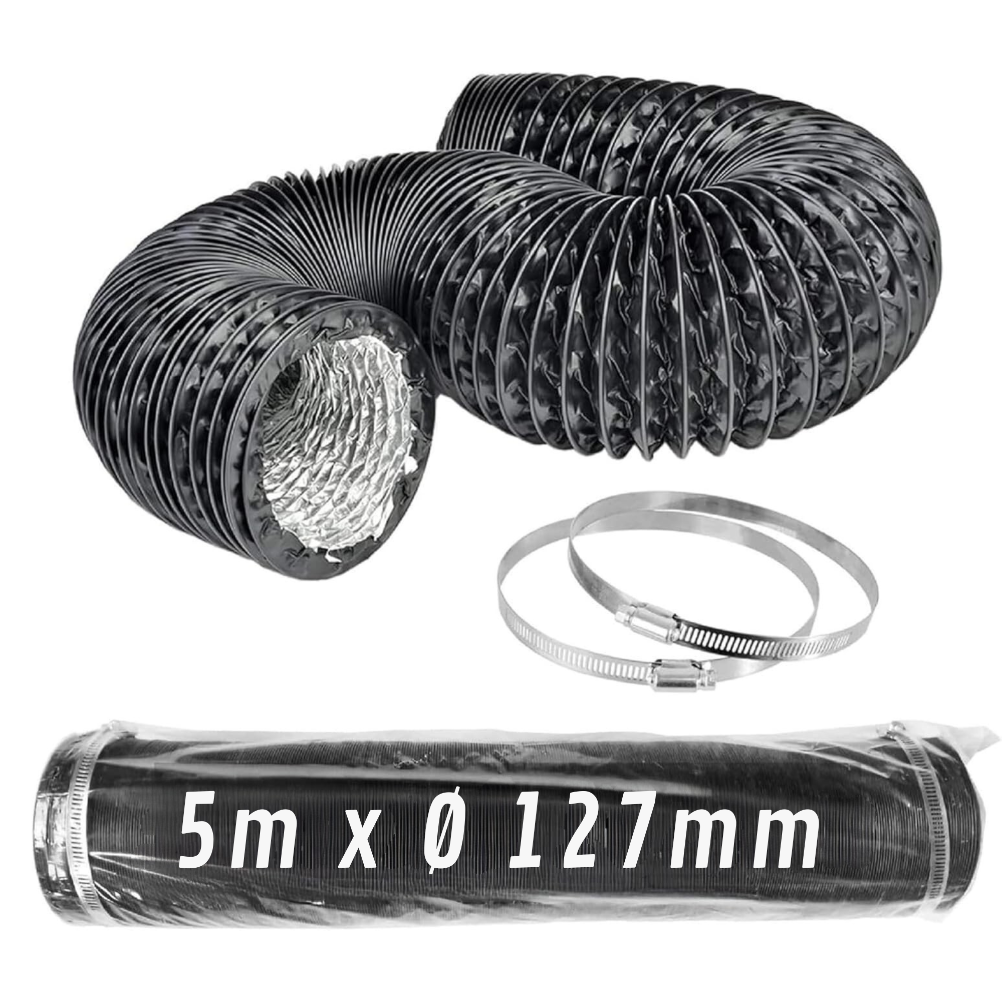 Tubo Flexible de Aluminio Negro Ø 127 mm 5 m con Abrazaderas – Conducto de Aire para Ventilación y Extractores